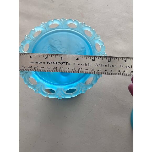 Indiana Glass Frosted Blue Mist Laced Edge Candy Dish & Lid Grape Harvest VTG - Picture 6 of 6